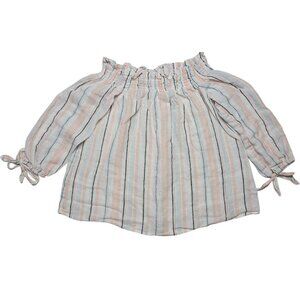 Vince Camuto Crop Top Womens XS Pink Linen Striped Flowy Off The Shoulder Blouse